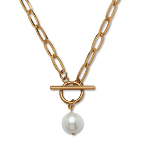 Simulated Pearl Gold Ion-Plated Stainless Steel Paperclip Necklace 19 Inch