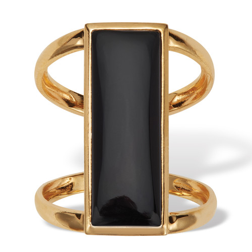 Emerald Cut Genuine Black Onyx Bezel Set Cabachon Ring in 18k Gold-plated Sterling Silver