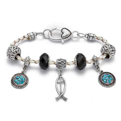 Aquamarine Crystal Accented Beaded Silvertone Religious Charm Bracelet, 7.5 Inch