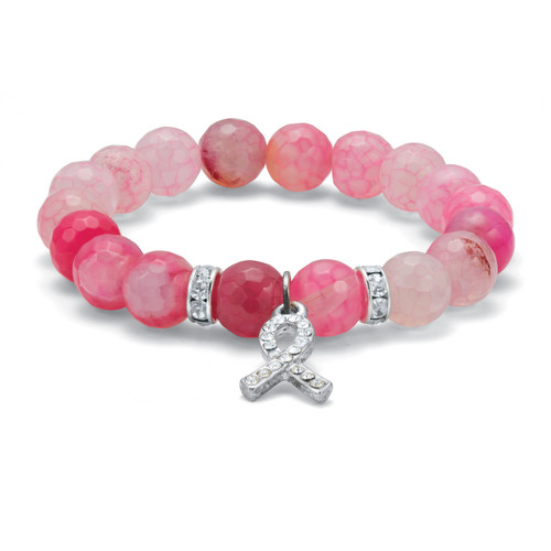 Crystal Accented Beaded Breast Cancer Awareness Stretch Bracelet, 7 Inch