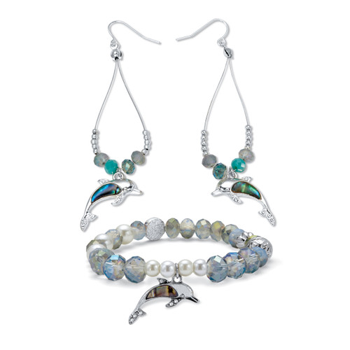 Crystal and Simulated Pearl Beaded Silvertone Dolphin Earrings And Bracelet Set, 7 Inch
