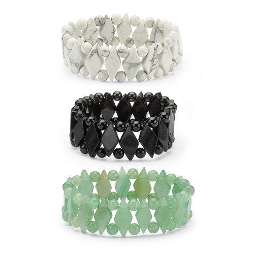 Green, White, Black Agate Marquise Stretch Bracelet Set 7"