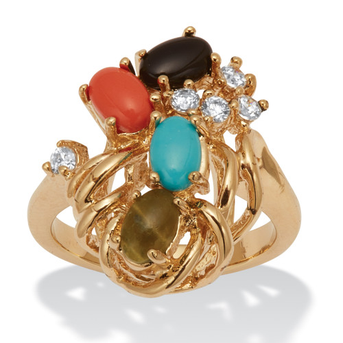 Oval-Shaped Genuine Multi-Gemstone 14k Yellow Gold-Plated Ring