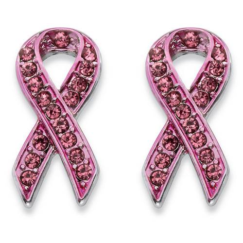 Pink Crystal Breast Cancer Awareness Ribbon Earrings in Silvertone