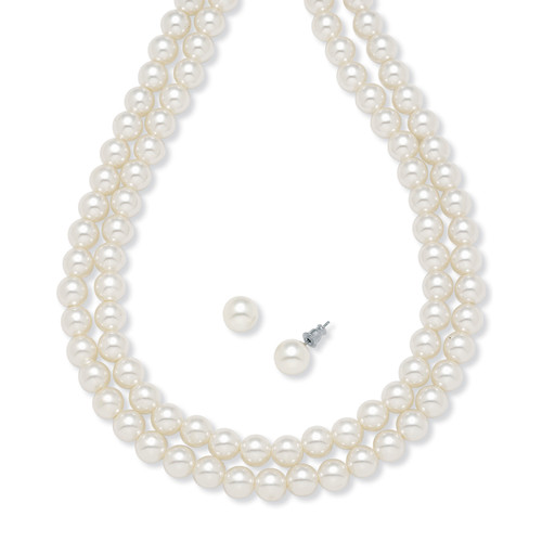 Round Pearl Silvertone Link Double-Strand Necklace 18" and Stud Earrings Set