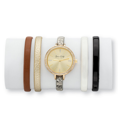 Crystal 5-Piece Interchangeable Fashion Watch Set with Champagne Face and Genuine Leather Bands in Gold Tone Adjustable 8"