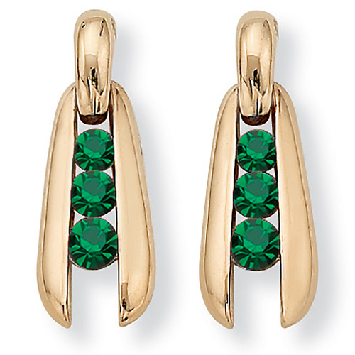 Round-Cut Green Crystal 3-Stone Goldtone Drop Earrings