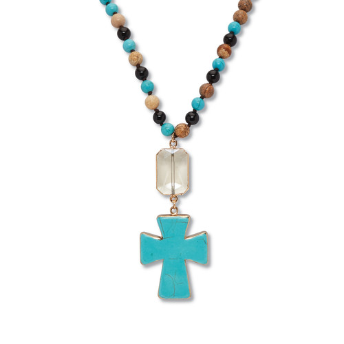 Round Genuine Turquoise Jasper and Multicolor Agate Beaded Cross Necklace With Crystal Cabochon 40 Inch