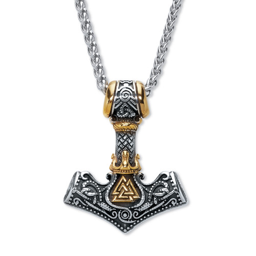 Men's Yellow Gold Ion-Plated Stainless Steel Antique Style Viking Hammer Pendant Necklace 24 inch
