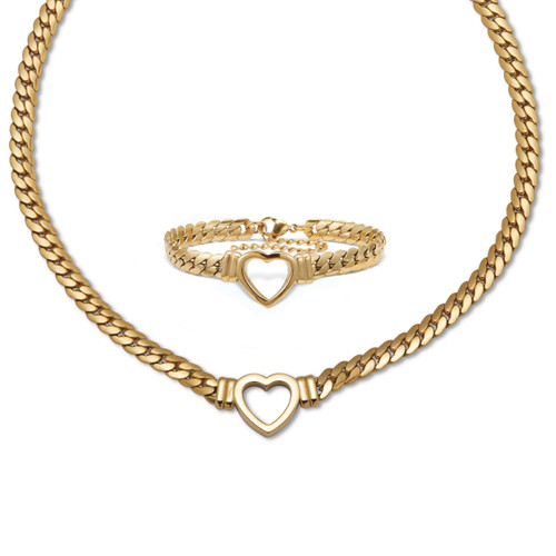 Yellow Gold Ion-Plated Stainless Steel Heart Fancy Link Bracelet And Necklace 16 Inch