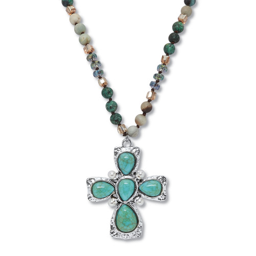 Genuine Jasper, Amazonite, and Freshwater Pearl Silvertone Cross Pendant Necklace 32 Inch