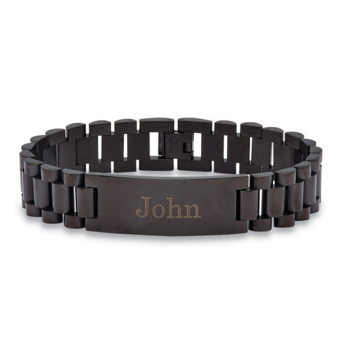 Men's Black Ion-Plated Stainless Steel Adjustable Fold Over Clasp ID Bracelet 8 Inch