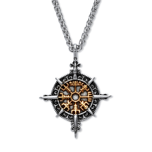 Men's Yellow Gold Ion-Plated Stainless Steel Antique Style Viking Compass Pendant Necklace 24 inch