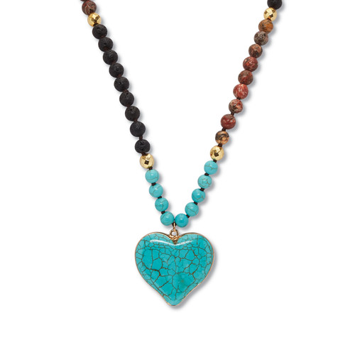 Genuine Turquoise Jasper and Lava Stone Beaded Heart Pendant Necklace 34 Inch
