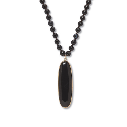 Genuine Black Agate Goldtone Bezel Set Oval Cabochon Beaded Necklace 34 Inch