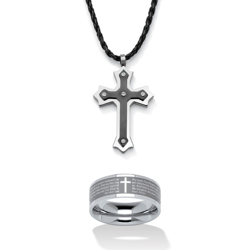 BOGO Buy Our Black Ion-Plated Stainless Steel Cross Pendant and Rubber Necklace And Receive Our Lord's Prayer Ring in Stainless Steel FREE