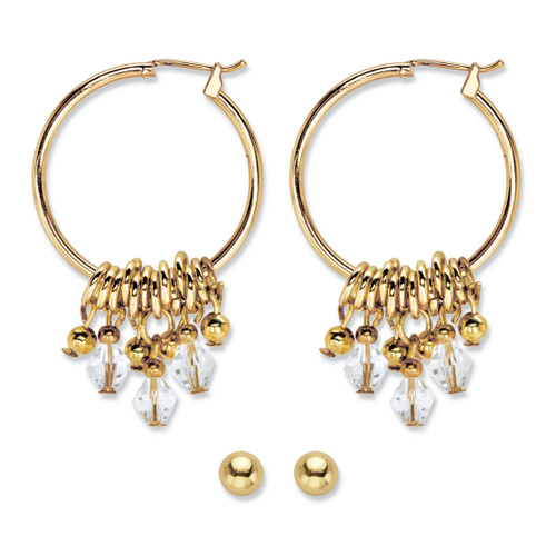 Goldtone Round Crystal and Ball 2 Pair Hoop and Stud Earring Set (30mm)