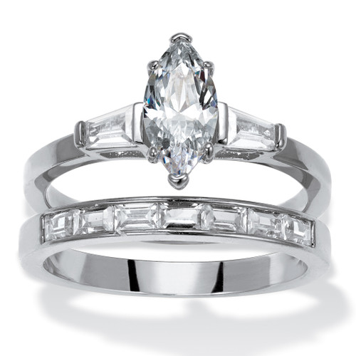 2.2 TCW Marquise Cubic Zirconia Platinum-Plated Bridal Ring Set