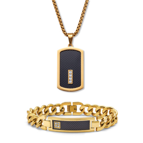 Men's Round Crystal Black And Gold Ion-Plated Stainless Steel Dog Tag Pendant Necklace And Bracelet Set, 26 Inch Chain