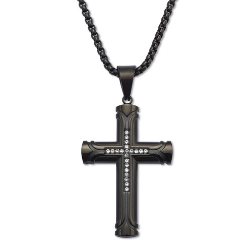 Crystal Black Ion-Plated Stainless Steel Cross Mens Pendant Necklace 26 Inch