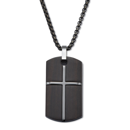 Black Ion-Plated Stainless Steel Dog Tag Pendant Cross Necklace, 26 Inch Length