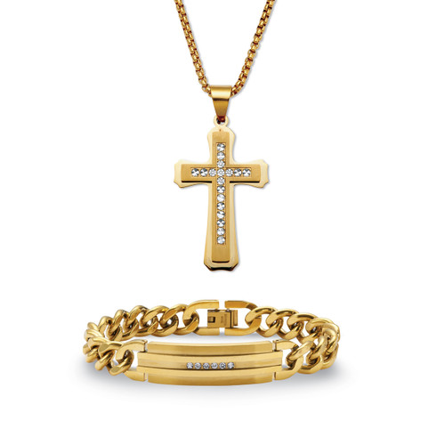 Men's Round Crystal Gold Ion-Plated Stainless Steel Cross Pendant Necklace And Bracelet Set, 26 Inch Chain