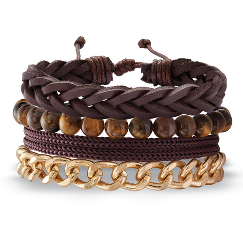 Men's Gold Ion-Plated Stainless Steel And Brown Leather Macrame Multi Strand Bracelet Set 8.5 Inch, Adjustable