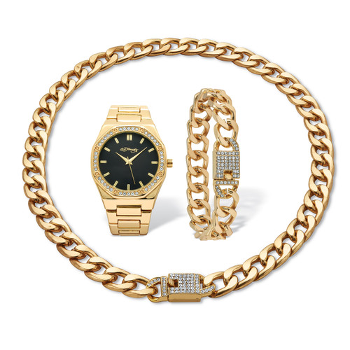 Men's Crystal Goldtone 43mm Watch Boxed Set With Bracelet, 8.5 Inch, And Necklace, 21 Inch