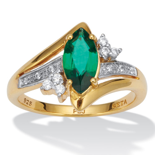 1.52 TCW Marquise Simulated Emerald and Round Cubic Zirconia 18k Yellow Gold-plated Sterling Silver Ring