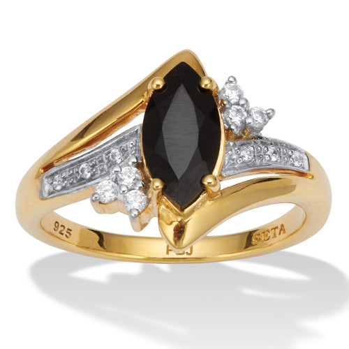 .12 TCW Marquise Cut Natural Black Onyx and Cubic Zirconia 18k Yellow Gold-Plated Sterling Silver Ring