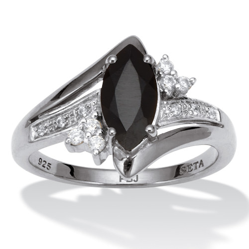 .12 TCW Marquise Cut Natural Black Onyx and Round Cubic Zirconia Platinum-Plated Sterling Silver Ring