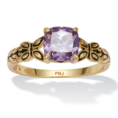 Cushion-Cut Simulated Birthstone Butterfly and Scroll Ring in Antiqued Gold-plated Sterling Silver