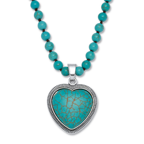 Genuine Turquoise Antiqued Silvertone Heart Pendant Necklace, 34 inches