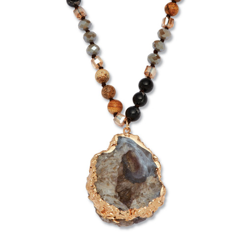 Hammered Genuine Brown Agate and Round Multi-color Jasper Goldtone Drop Necklace, 32 inches