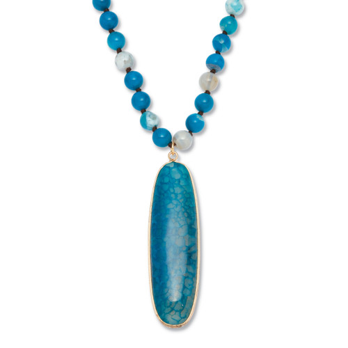 Genuine Blue Agate Cabochon Goldtone Drop Necklace, 34 inches