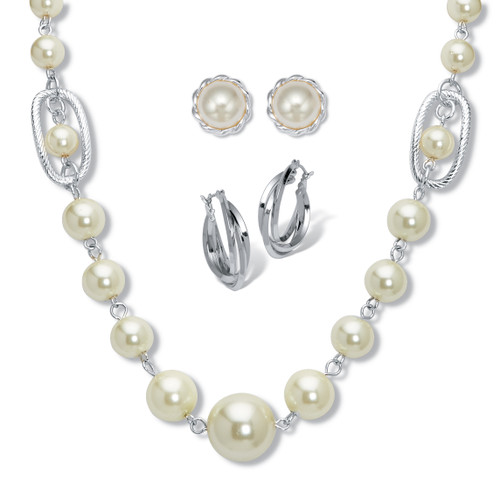 Round Simulated Pearl Silvertone Graduated Necklace and Earrings Set, 18 inches plus 3 inch extension