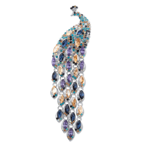 Marquise Cut Multi-Colored Crystal Peacock Pin Silvertone 5 1/2" Length