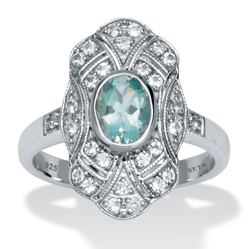 1.67 TCW Oval Cut Genuine Aquamarine and Round Genuine White Topaz Cocktail Ring