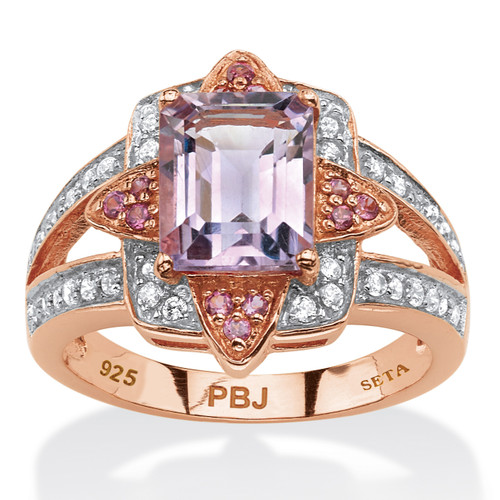 2.93 TCW Genuine Emerald Cut Amethyst and Pink Rhodolite 18k Rose Gold-Plated Sterling Silver Ring