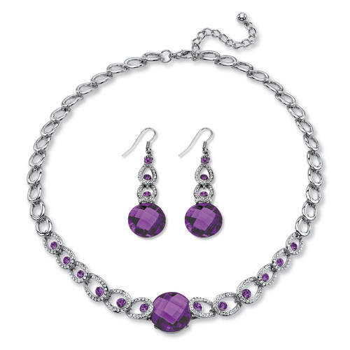 Round Checkerboard-Cut Simulated Birthstone Necklace and Drop Earrings Set in Silvertone Adjustable 17"-20"