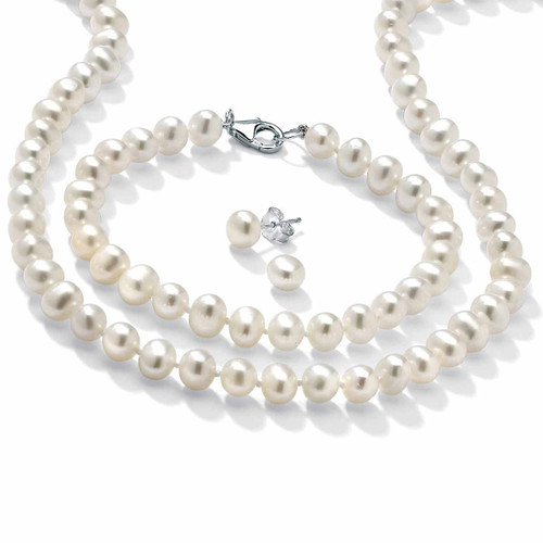 3 Piece Cultured Freshwater Pearl Necklace Bracelet and Earrings Set in Sterling Silver
