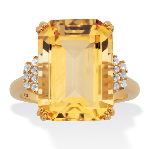 Genuine Emerald-Cut Citrine and White Topaz Cocktail Ring 15.92 TCW 18k Gold-Plated Sterling Silver