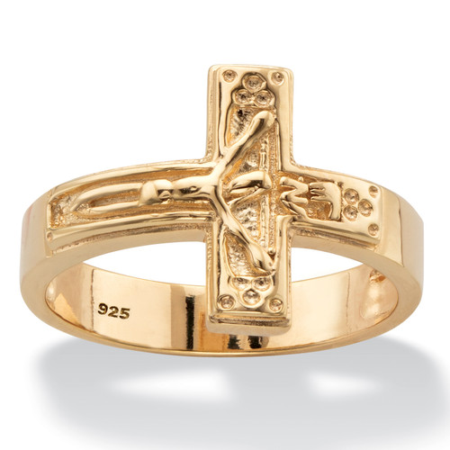 Horizontal Crucifix Cross Ring in 14k Yellow Gold-plated Sterling Silver 