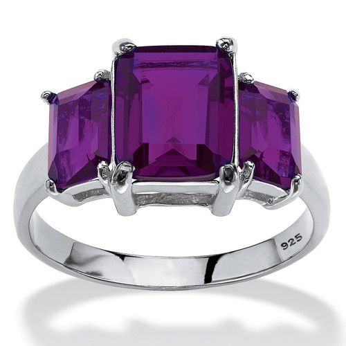 Emerald-Cut Simulated Simulated Birthstone 3-Stone Ring in Sterling Silver