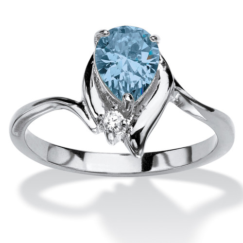 Pear-Cut Simulated Birthstone and Crystal Accent Ring in Silvertone