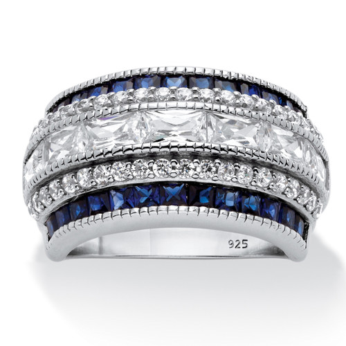 Emerald-Cut Cubic Zirconia and Simulated Blue Sapphire Ring 6.48 TCW in Platinum-plated Sterling Silver