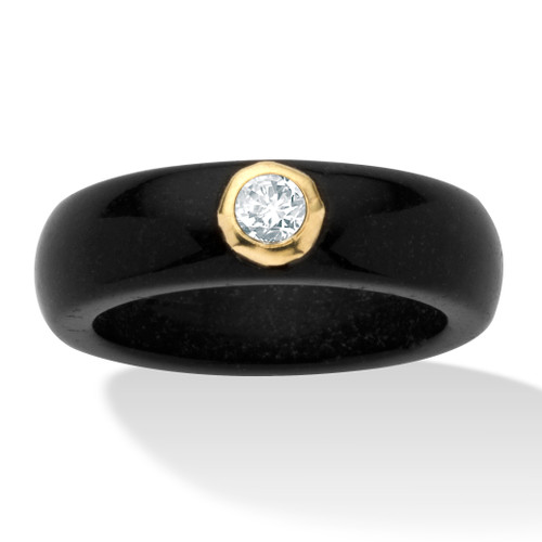 .30 TCW Round Genuine White Topaz and Genuine Black Jade 10k Yellow Gold Band Ring