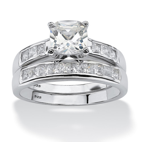 2 Piece 1.94 TCW Cushion-Cut Cubic Zirconia Bridal Set in Platinum-plated Sterling Silver