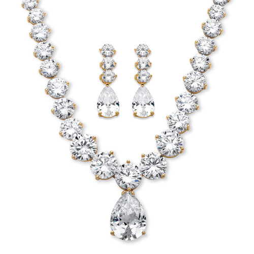 79.40 TCW Pear-Drop and Round Cubic Zirconia Necklace and Earrings Set Gold-Plated