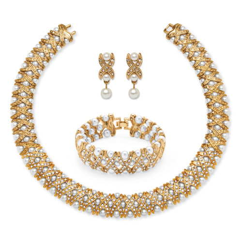 Simulated Pearl and Crystal 3-Piece "X" Necklace, Earrings and Bracelet Set in Yellow Goldtone 18"